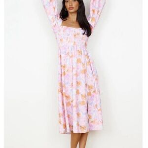 Elegant Long Sleeve Floral Dress in Pink and Orange